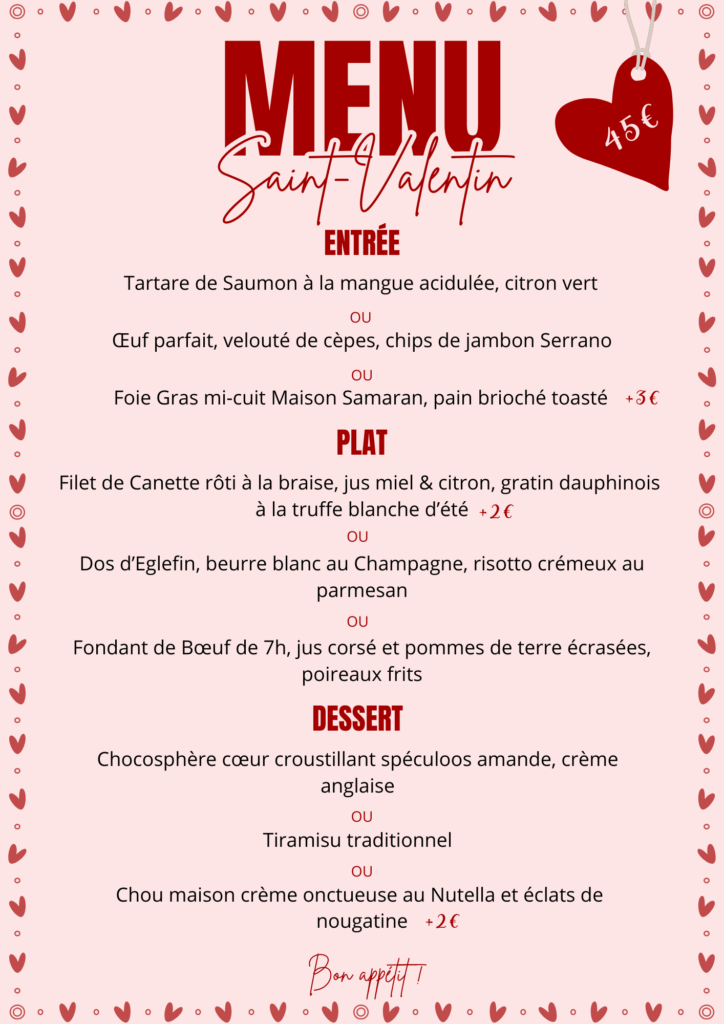 Soirée de la Saint Valentin - Menu spécial