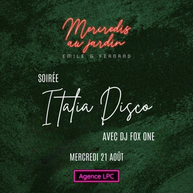 SOIRÉE ITALIA DISCO

Vous aimez les musiques italiennes et le disco ? Rejoignez-nous ce mercredi 21 août pour une soirée Italia Disco avec @fox_one.off de @agencelpc !

Réservez dès maintenant ! Places limitées. ⚠️

#saison2024 #saison5 #mercredisaujardin #latabledemileetfernand #emileetfernand #soiree #dj #musique #danse #food #restaurant #agencelpc #italiadisco